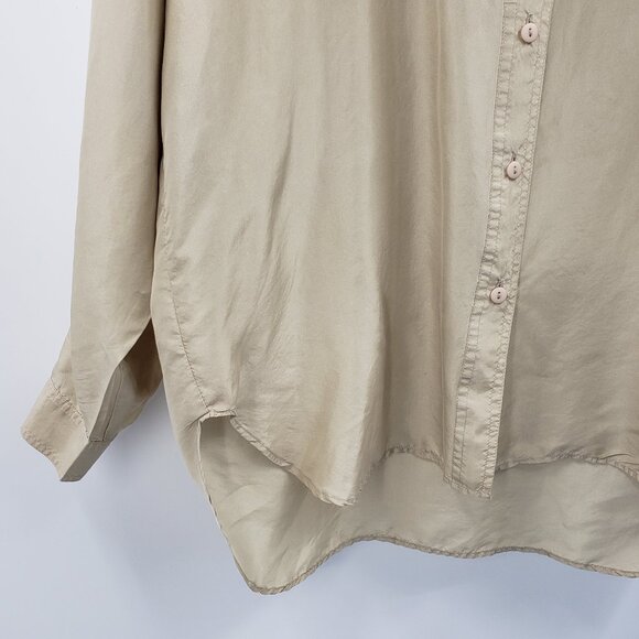 Vtg Silk Mist Button Up Western Shirt Womens L Tan 100% Silk Fringe Long Sleeve - Picture 3 of 8